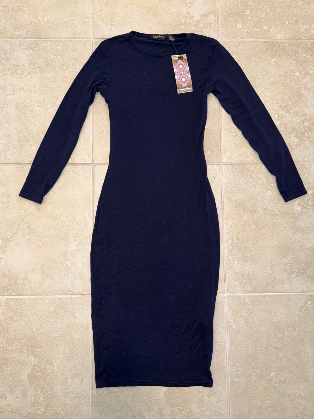 BRAND NEW Boohoo Navy Long Sleeve Bodycon Midi Dress